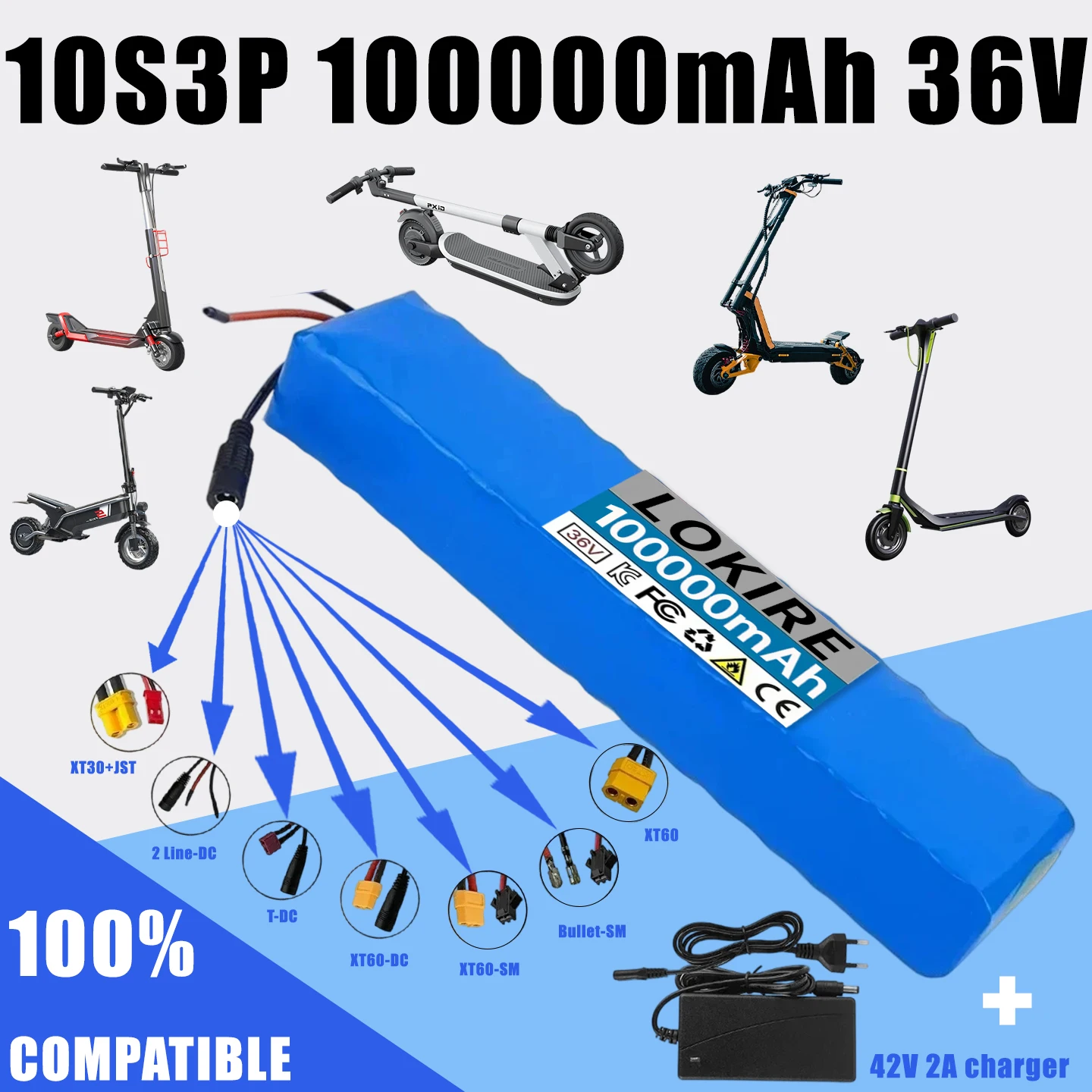 36V 100Ah 18650 10S3P Tragbarer Lithium-Ionen-Akku, Lithium-Ionen-Batteriepack, Ersatzakku, mit BMS 42V2A Ladegerät