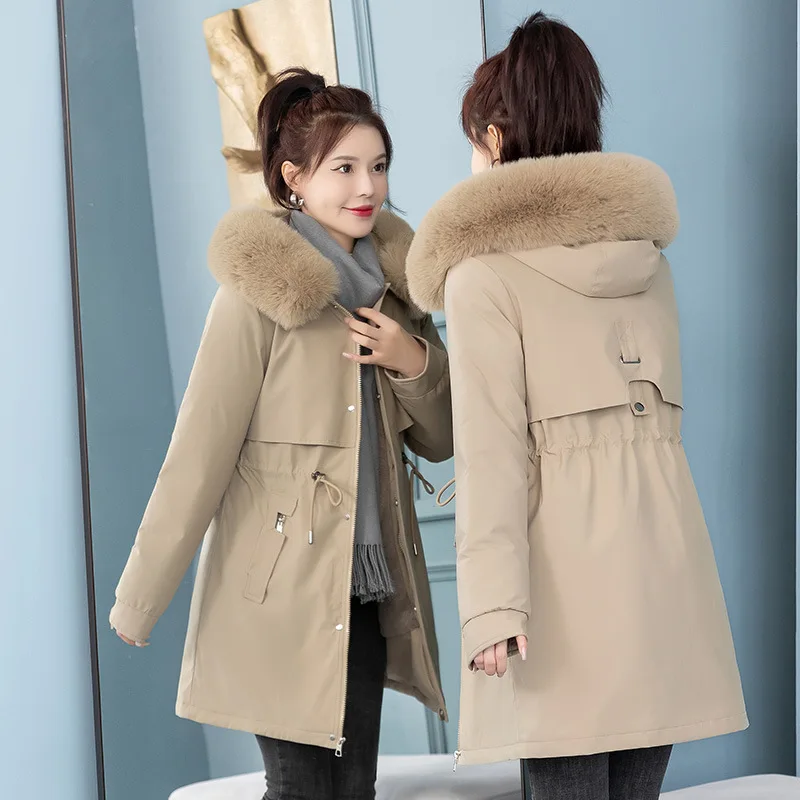 Women Hooded Parkas Coats Long Overcoat Solid Big Fur Lenth Collar Zipper Drawstring Waist Loose Thick Casual 2025 Autumn Winter