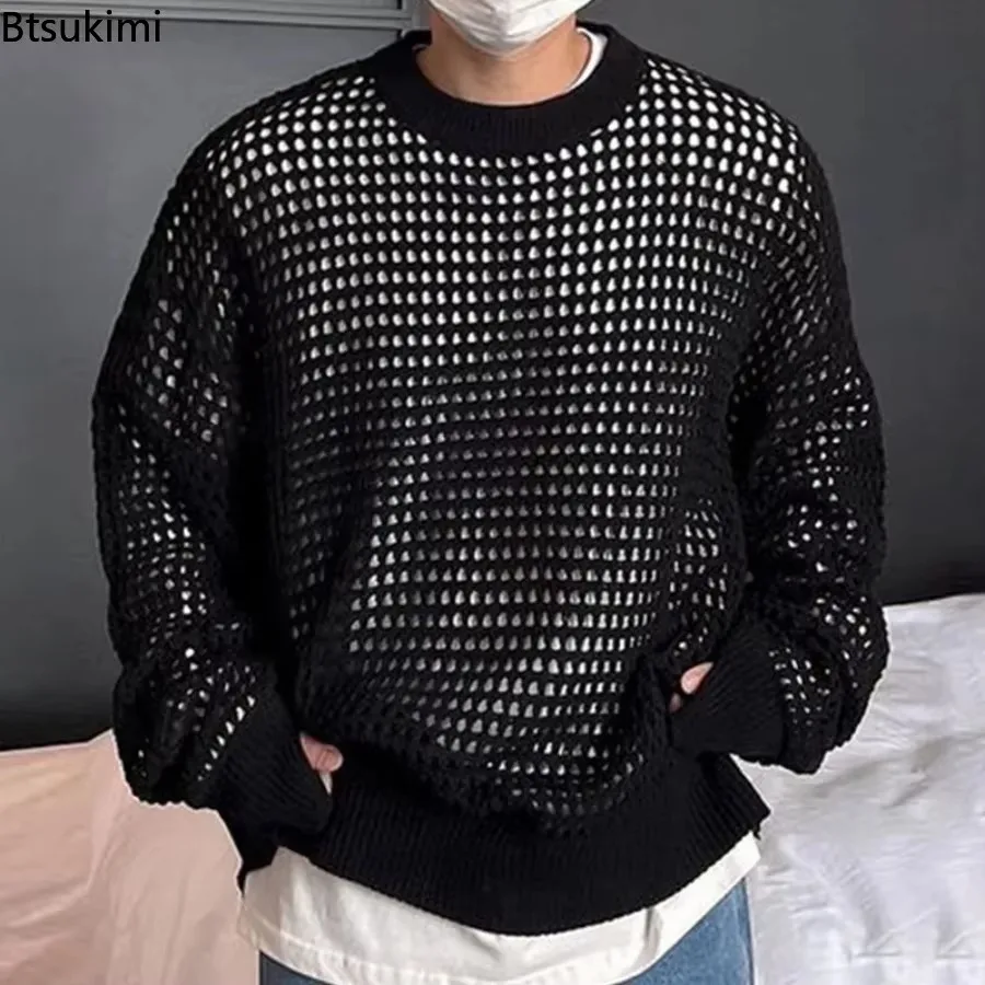 Neue 2025, männer Schwarz Langarm KnittedTop Pullover Kleidung Aushöhlen Fishnet Mesh Stil Stricken Retro Pullover Casual Männlichen Tops