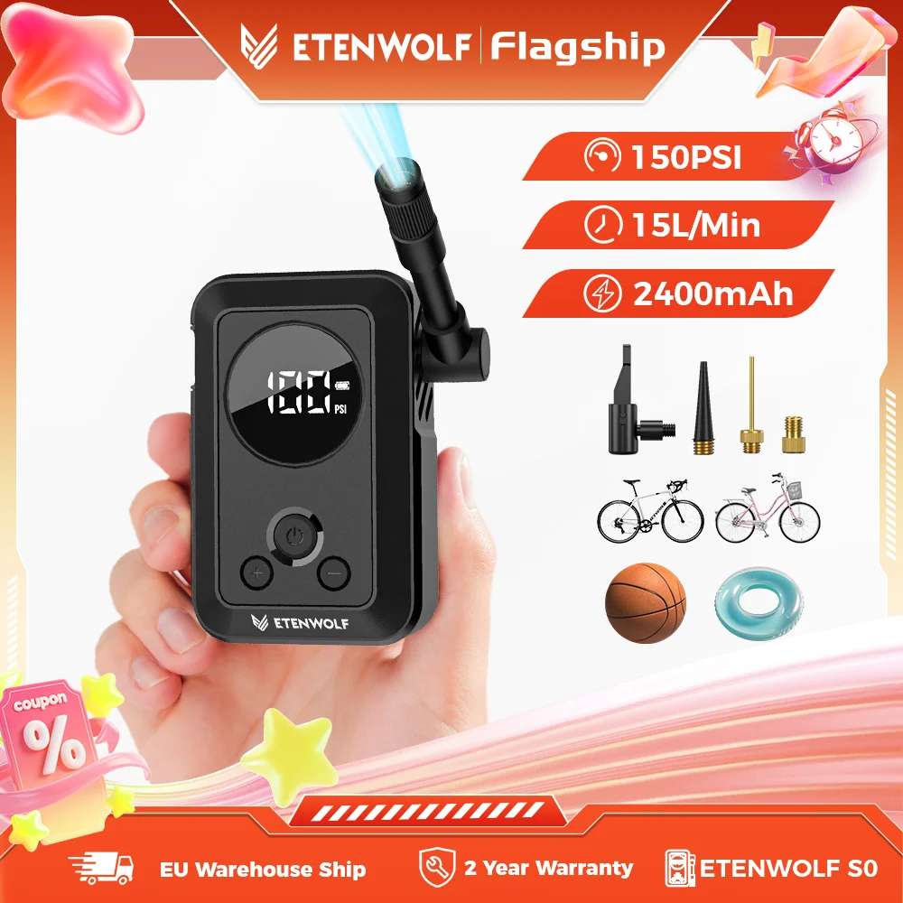 ETENWOLF 150 PSI Fahrradpumpe 2400mAh Akku Mini-Luftpumpe 19L/Min für Mountainbikes/Rennräder, Sportbälle, Motorräder