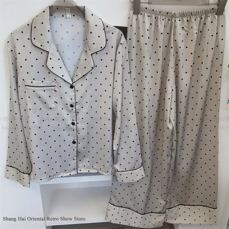 

Womens Pajamas Trouser Suits Print Dot Long Sleeve Pijamas Set Loungewear Spring Autumn New Loose Ice Silk Sleepwear Homewear
