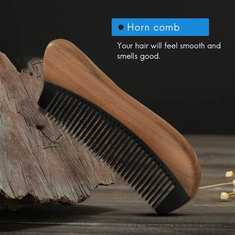 Natural Green Sandalwood Hair Comb - No Static Wooden Fine Tooth Black Buffalo Horn Comb (Green Sandalwood)