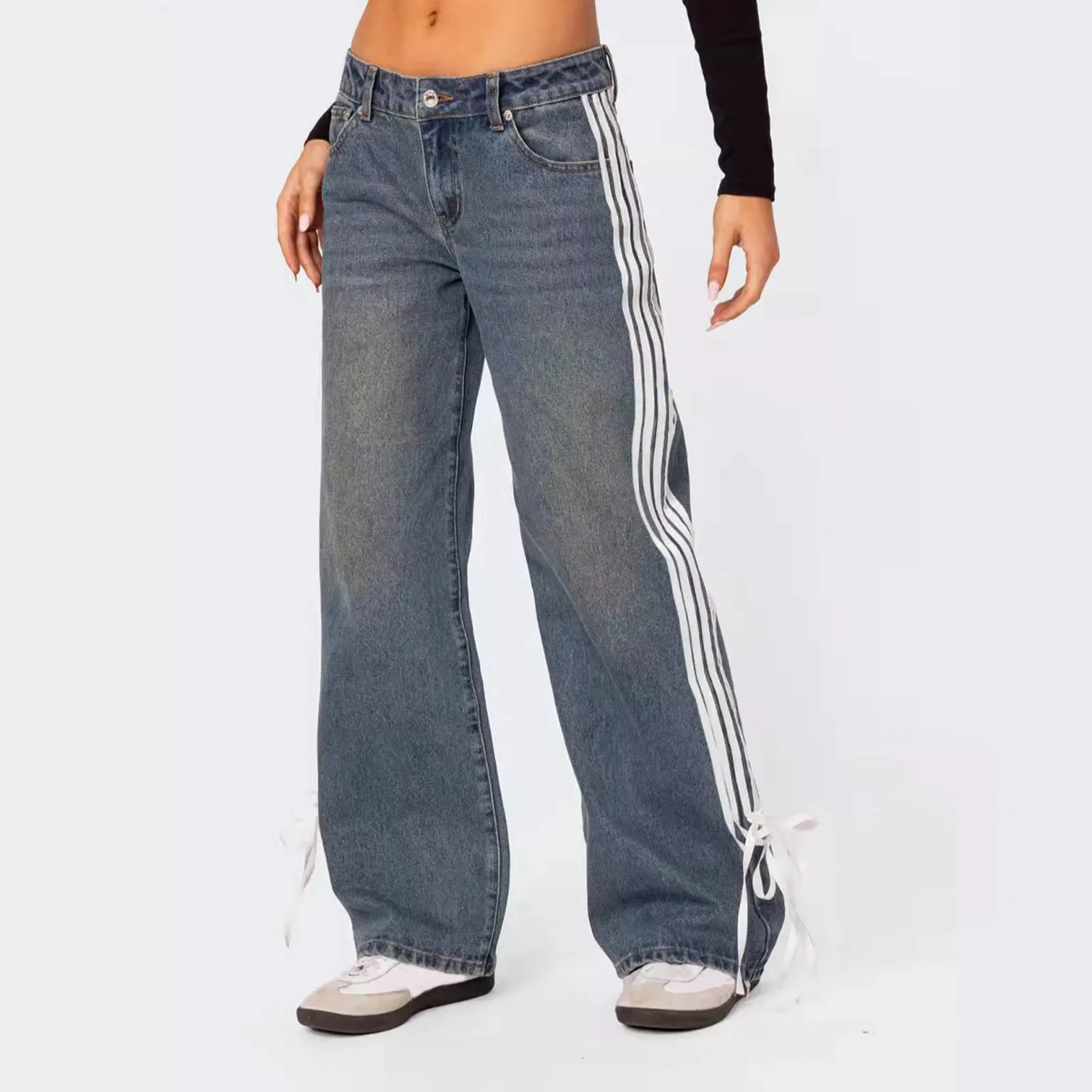 Hot Girl Apparel y2k Side Striped Bow Tie Jeans Low Rise Baggy Straight Wide Leg Jeans Casual Loose Fit Denim Pants Women