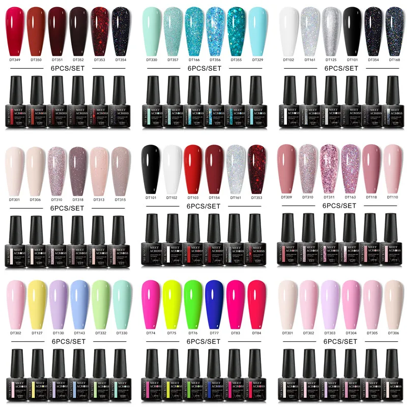 6pcs Color Glitter Gel Nail Polish Set HEMA TPO FREE Semi Permanent Soak Off UV Gel Varnish Nails Decoration DIY Nail Supplies
