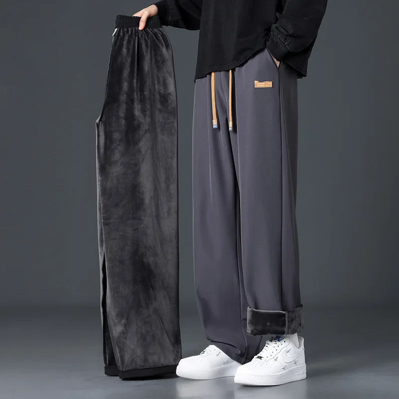 

Men Add Velvet Casual Loose Drape Sweatpants Sports Slacks Men Autumn Winter Thick Fleece Warm Trousers Drawstring Cropped Pants