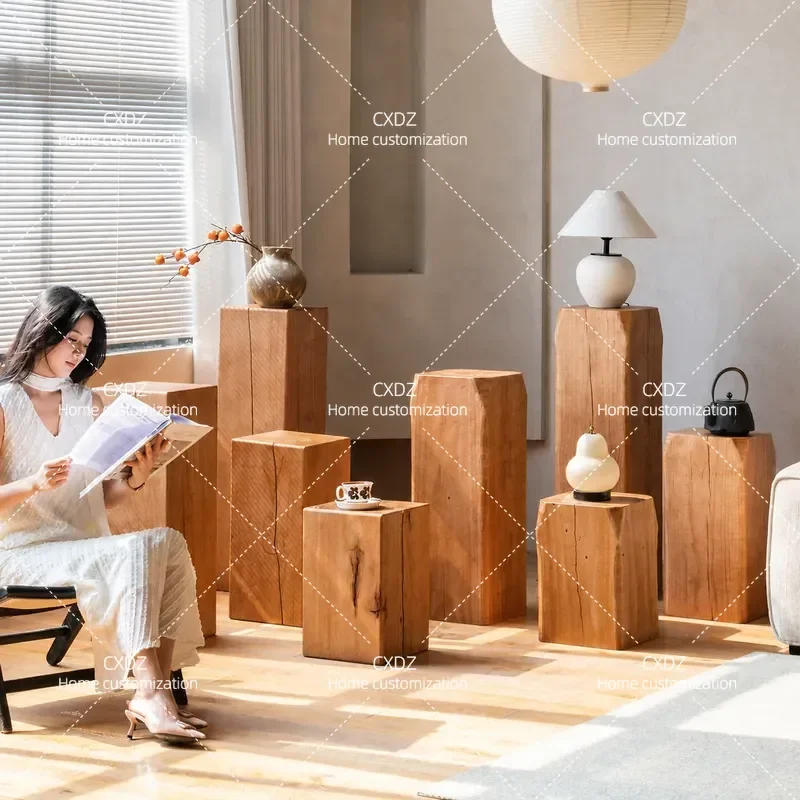Solid wood bench log deep grain pier retro edge table old coffee table square wooden pile homestay ornament hotel design
