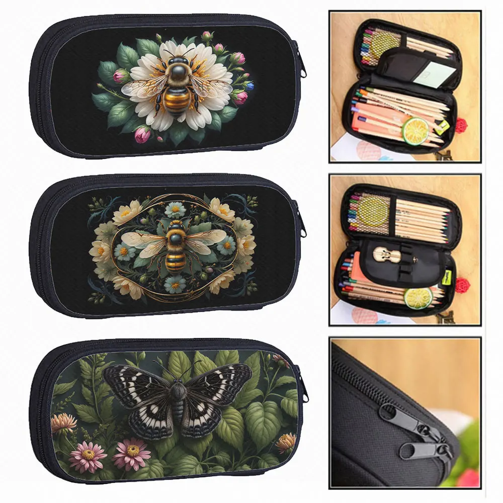 Cute Bee Dragonfly Pattern Cosmetic Cases Moth Butterfly Instrument Pencil Bag Teenager Boys Girls Stationary Bag Brushes Holder