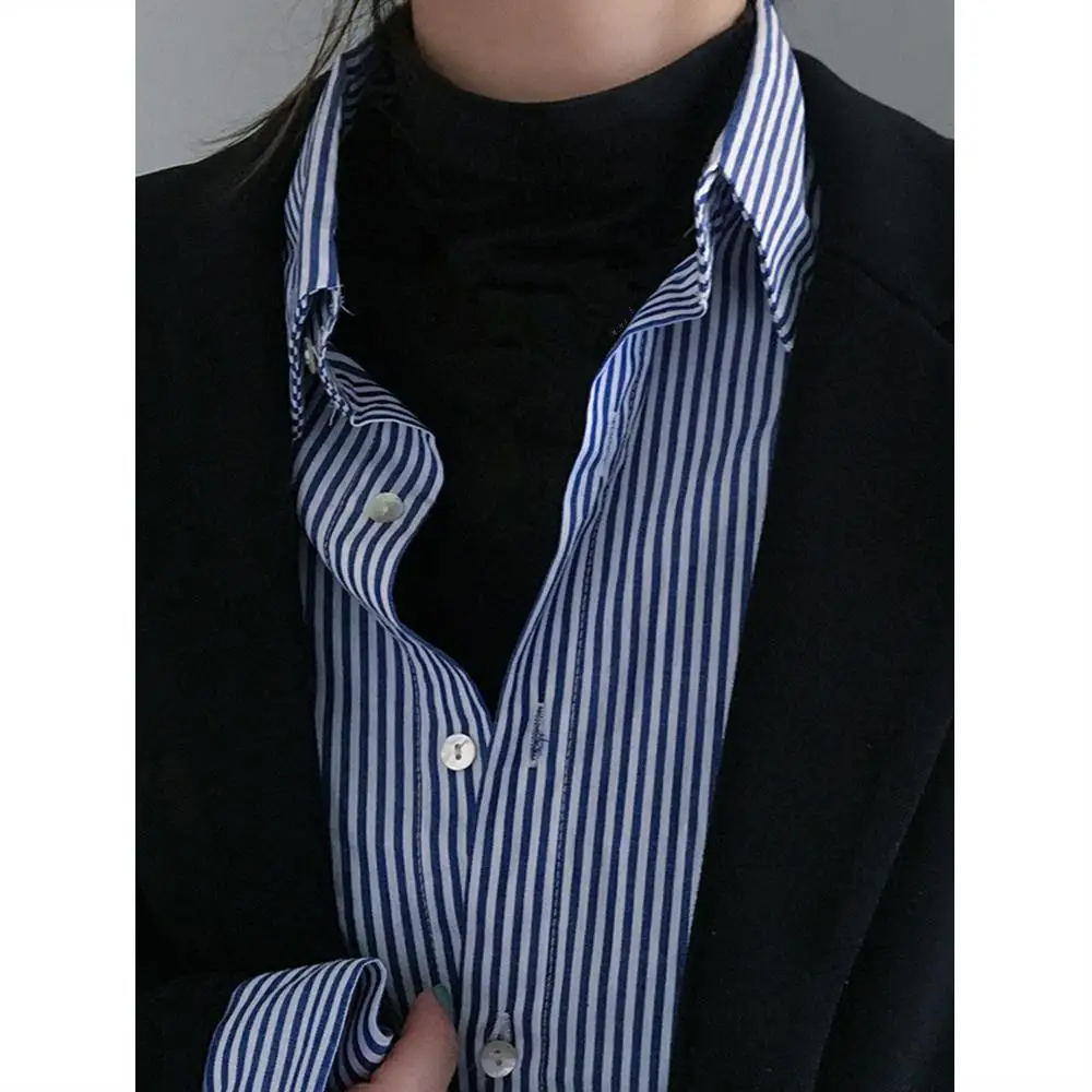 

Blue Vertical Striped Women's Shirt Autumn Winter Design Layering Vintage Hong Kong Style Loose Innerwear Outerwear Trendy