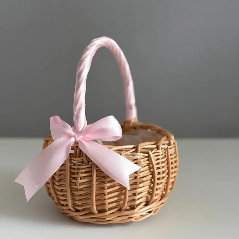 Woven Baskets Handle Design Woven Wicker Basket Handmade Rattan Storage Basket With Bow Retro Decorative Woven Flowerpot