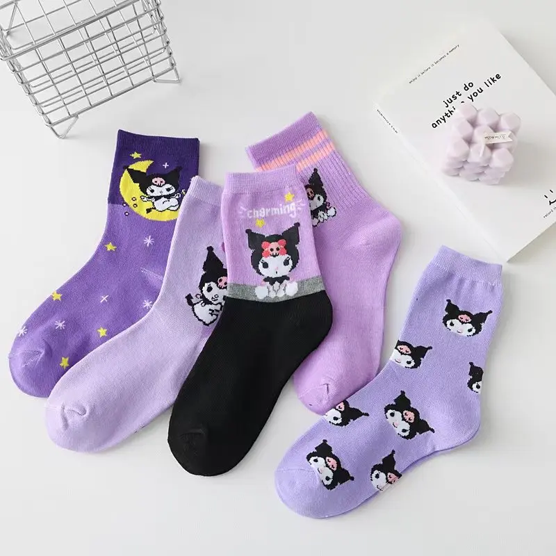 Sanrio Kuromi calcetines para niñas lindas medias de bruja púrpura peinado exquisito algodón lindo dibujos animados deportes calcetines de tubo medio