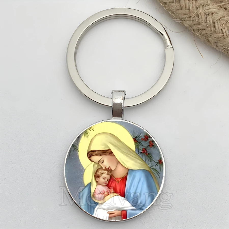 Vintage Virgin Mary Pattern Glass Keychain Religious Jewelry Family Member Gift Suitable for House Car Keys