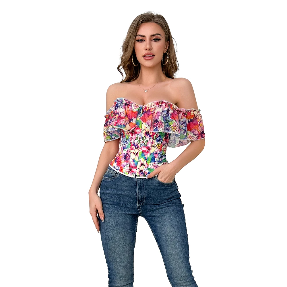 

Женский Корсет Off Shoulder Overbust Corset Puff Sleeve Bustier Top Plus Size Corselet Blouse Shirt