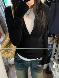 Fake Two Pieces Patchwork Long Sleeve T-shirt Spring Round Neck Zipper Cotton Slim Tee Shirts Sweet Slim T-shirts Y2k Tops New