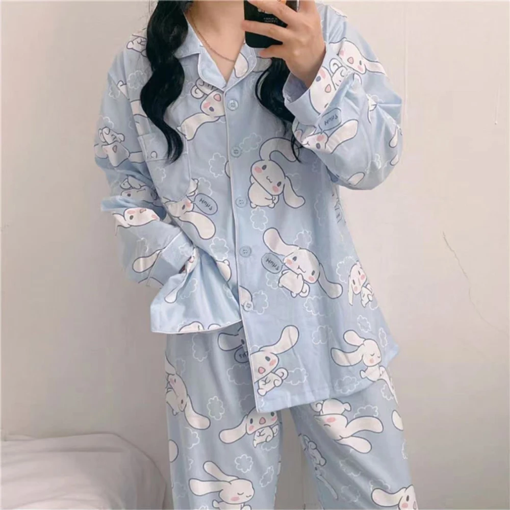 Autumn Women Long-sleeved Pajama Sets Cute Rabbit Print Button Sleepwear Homewear Female Pyjamas Loungewear Nightwear