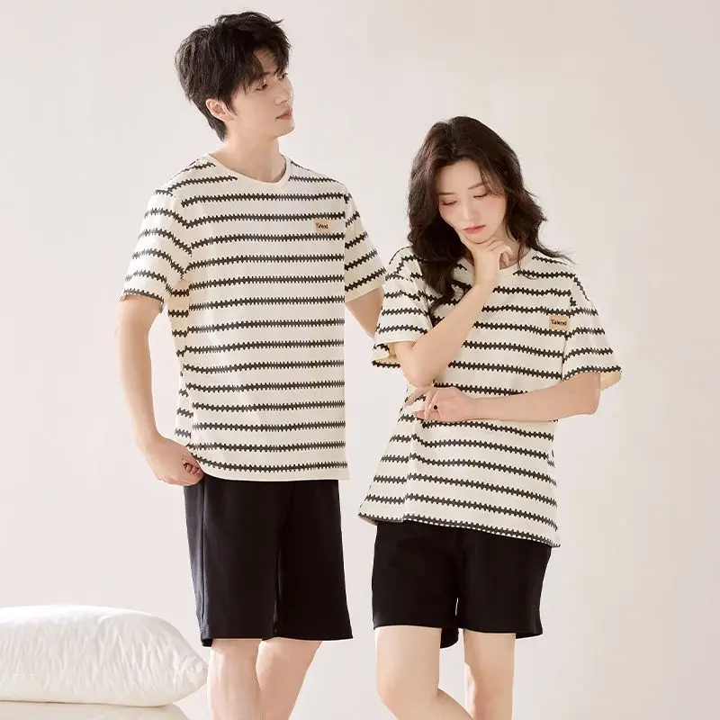 

2026 Summer Couple Short Sleeve 100% Cotton Shorts Pajama Sets for Men Casual Striped Sleepwear Suit Women Homewear Home Clothes
