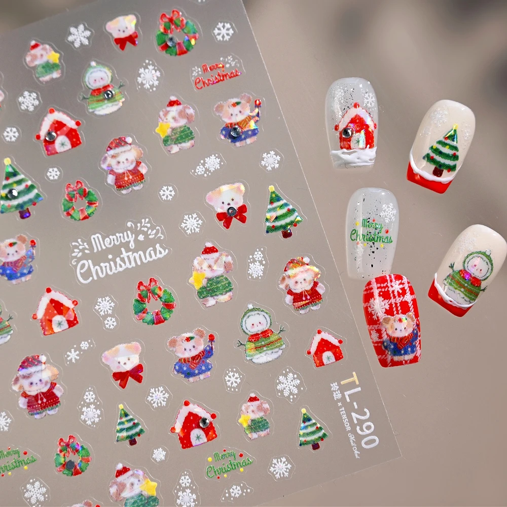 Strass brillant mignon chiot bonhomme de neige flocon de neige nœud papillon étoiles arbre de noël 3D Nail Art autocollants noël belles décalcomanies de manucure
