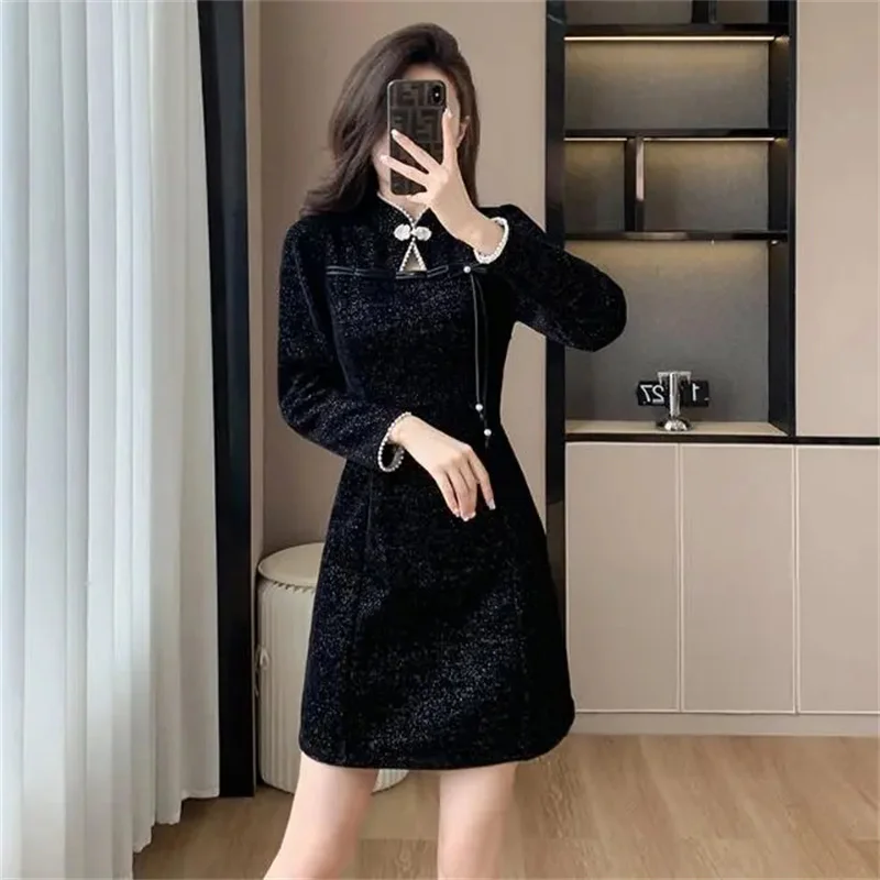 Autumn Winter Mid-Long Dress 2025 New Coil Buckle Stand-Up Collar Women's Clothes Blouse Solid Color Fashion Female A Word Skirt