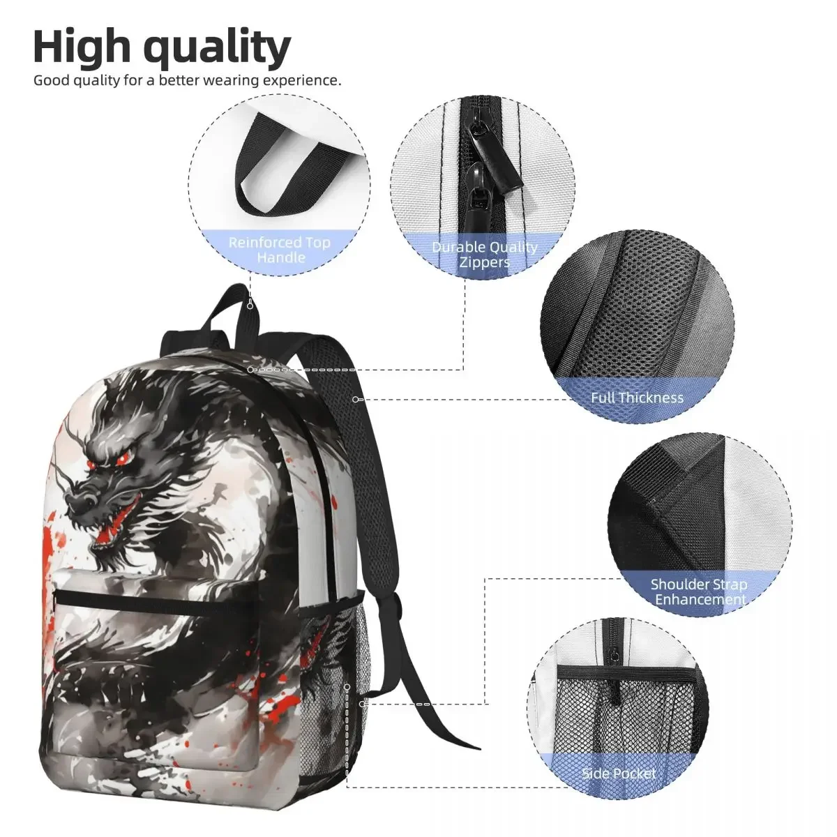 Flame Black Dragon Print Backpack Daypack Large Capacity Boys Girls BookBag School Bag Shoulder Bags for Men Women