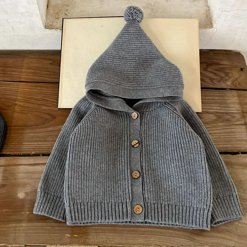 2024 New Autumn Newborn Baby Girls Sweater Coat Long Sleeved Solid Color Hooded Infant Baby Girls Knitting Cardigan Coat