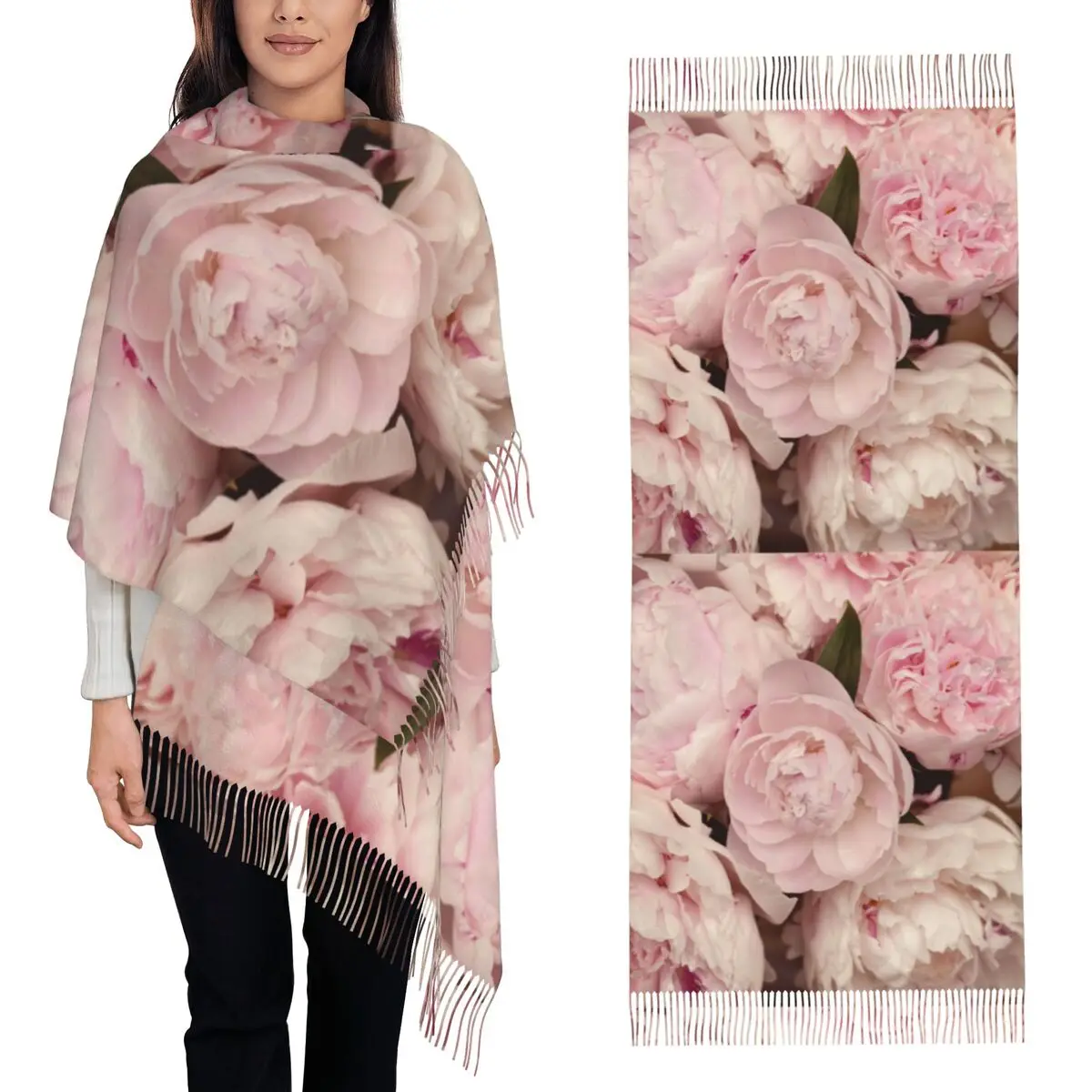 

Розовый шарф с цветами пиона, шарфы с кисточками, женские мягкие теплые шали и накидки, длинная осенне-зимняя шаль