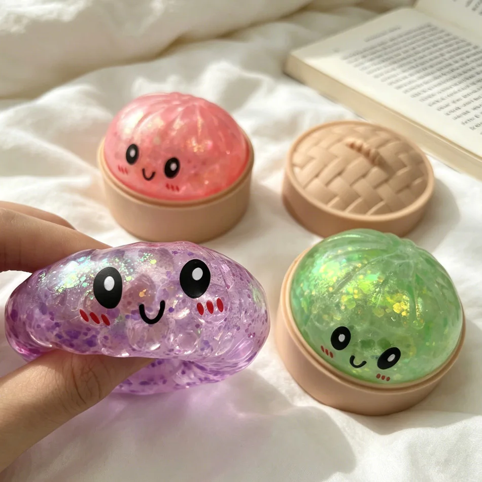 Auf Lager 4 Stück Glitzer-Dumpling Glitzer-Dumpling Squishy mit Box Dumplings Sensorisches Quetschspielzeug zur Stresslinderung Kindergeschenke