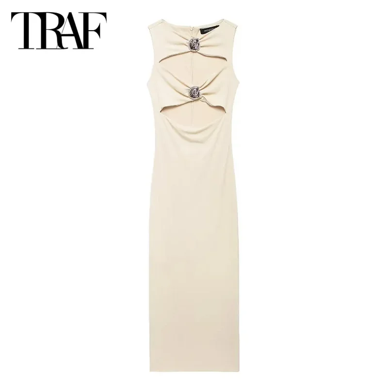 TRAF Women\'s Long Dresses 2024 Summer Elegant Party Evening Knitted Dresses Ladies Fashion Sleeveless Beige Mini Dresses