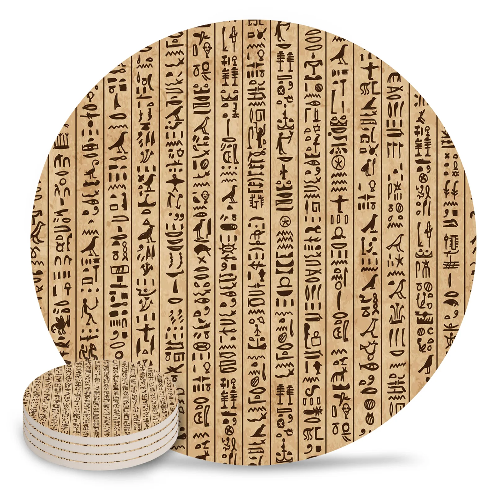 Ancient Egypt Hieroglyphs Retro Style Ceramic Coaster Set Coffee Tea Cup Coasters Kitchen Accessories Round Placemat