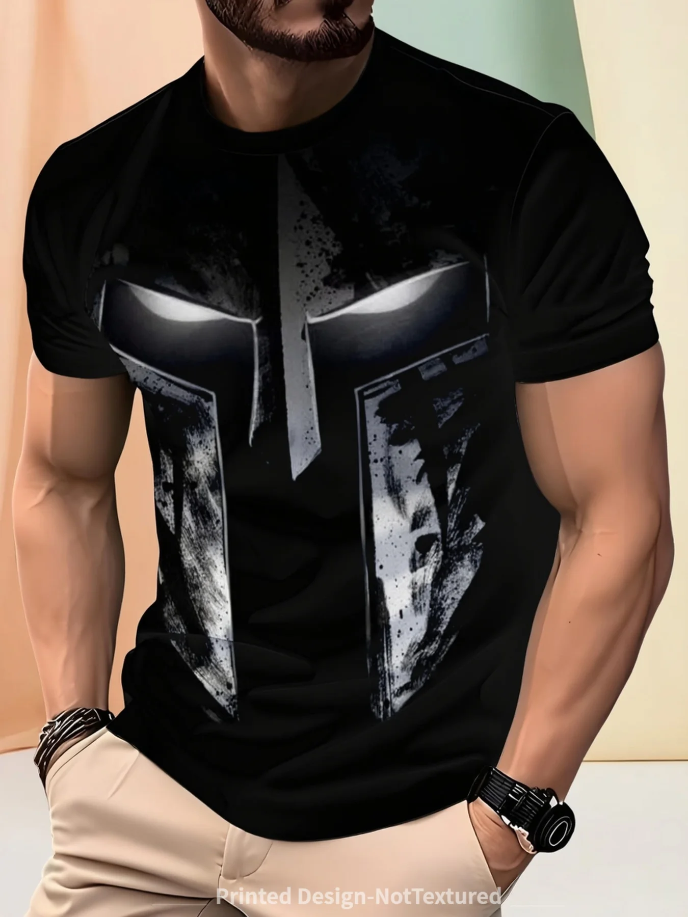 New men's short-sleeve T-shirt, loose-fitting and tailored with printed designs, versatile basic crew-neck top suitable for spri