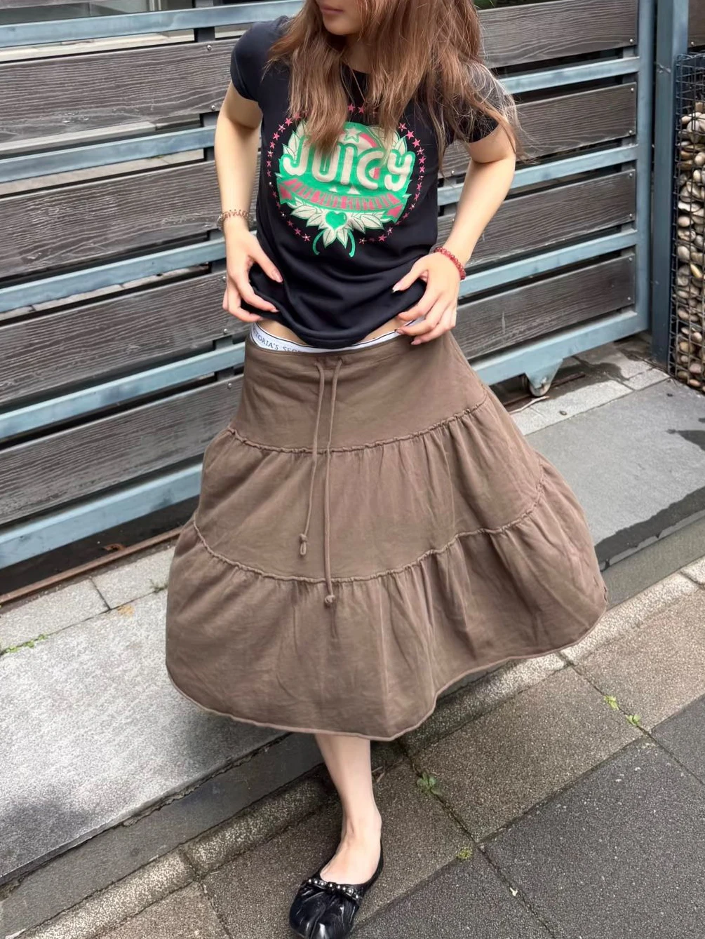 Ruffles Brown Knee-Length Skirts Woman Summer Low Waist A-line Drawstring Short Faldas American Vintage Preppy Style Skirt Y2k