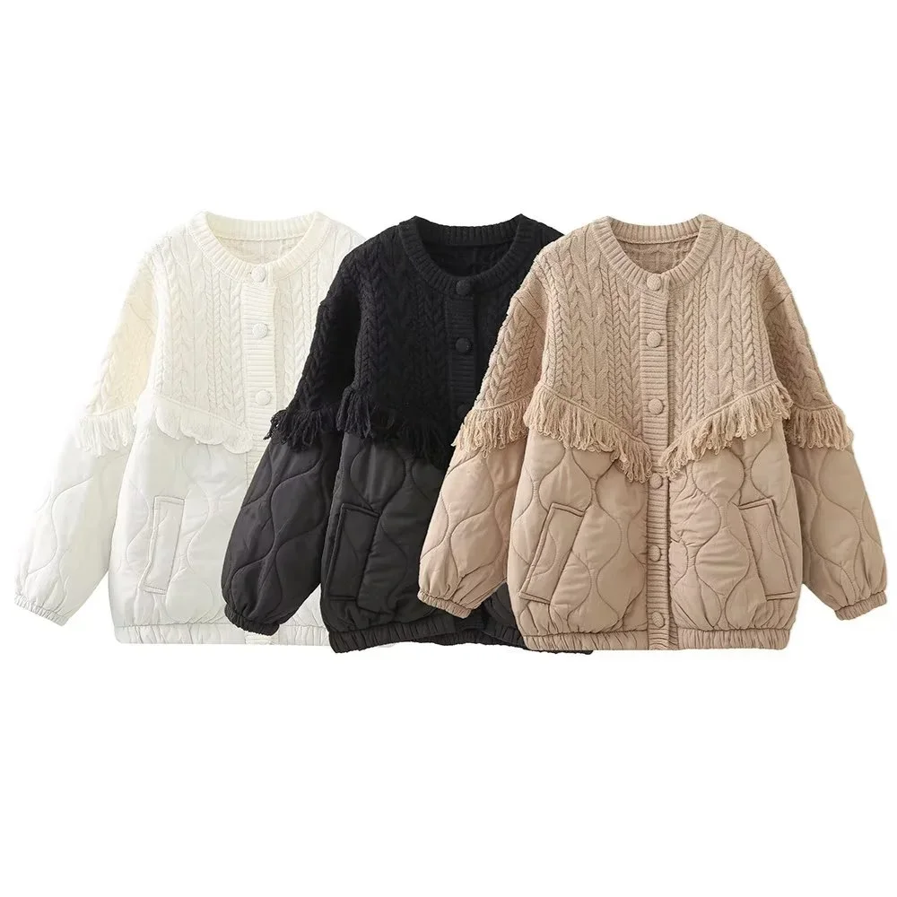 2023 Autumn Winter New Fashion Sweet Casual Tassel Women Thick Jacket Knitted Panel Lightweight Female Cotton Coat