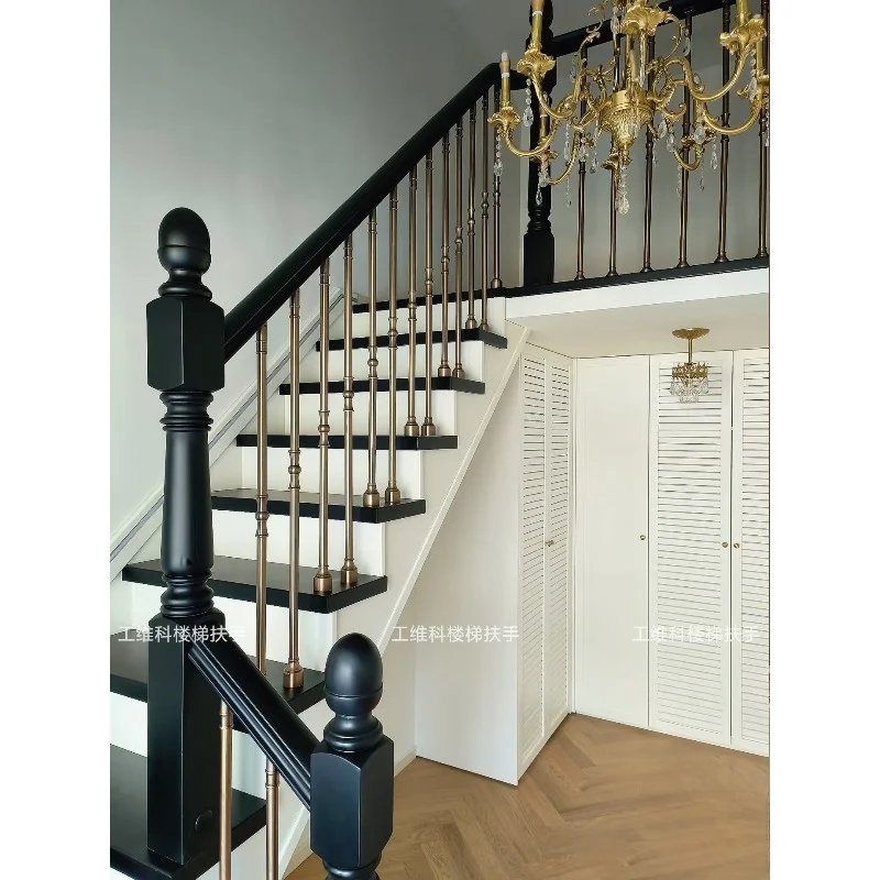 

Stair handrail Solid wood aluminum alloy wrought iron column Indoor self-built house Villa guardrail European light luxury moder