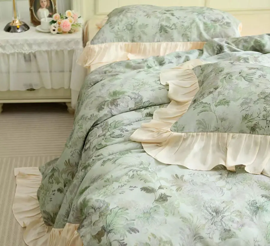 French elegant pastoral floral bedding set,full queen king vintage ruffled rustic home textile bedspread pillow case duvet cover