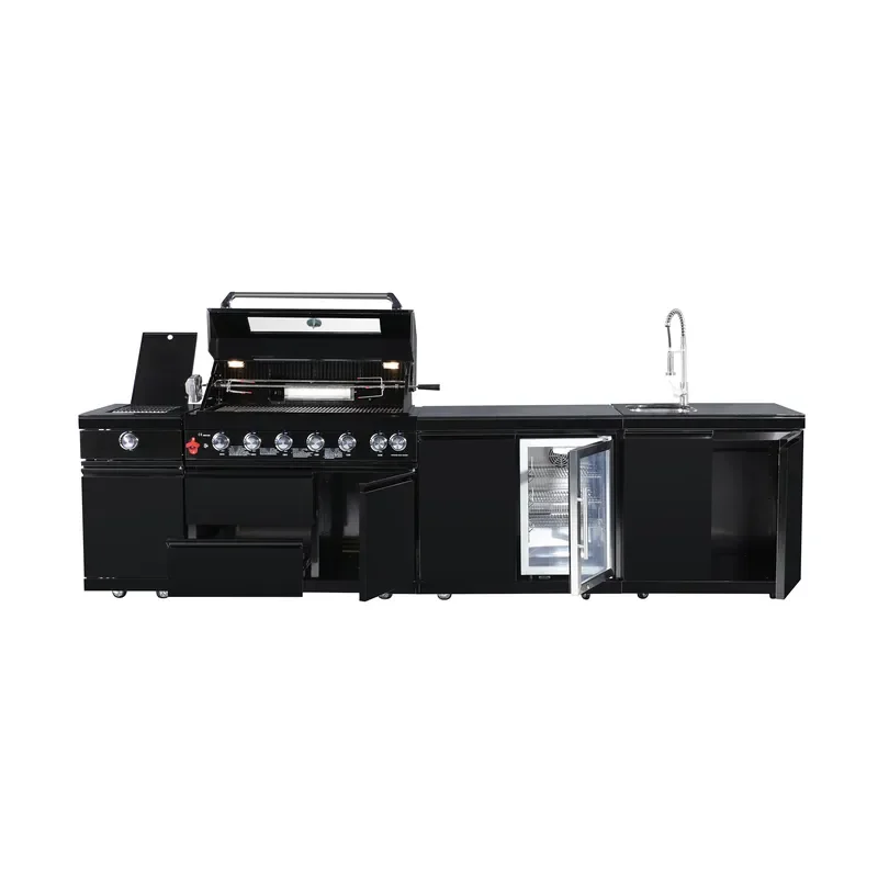 Black Stainless Steel Outdoor Kitchen Set with Lar Pizza Oven and Refrirator Powder Coated for BBQ Grills