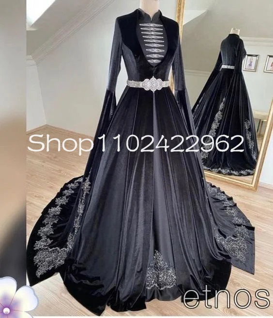 Black Velvet Caftan Marocain Prom Occasion Dresses Long Sleeve Lace Applique Muslim Algerian Caucasian Evening Gown outfit