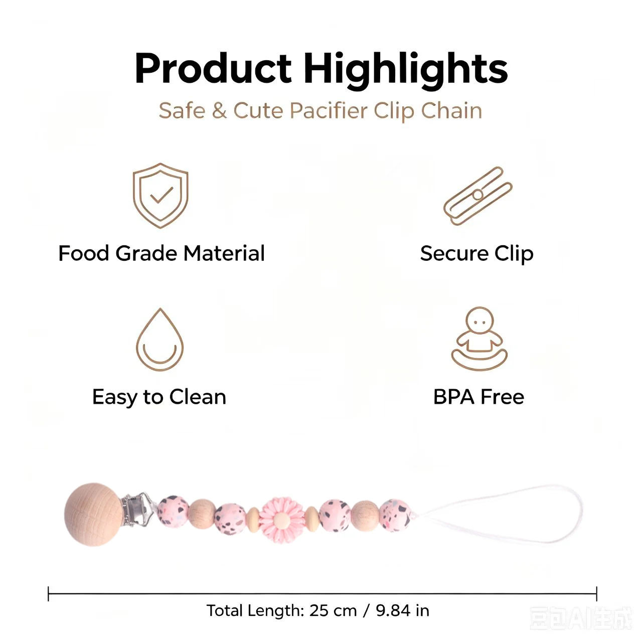 Silicone Pacifier Clip Chain, Daisy Flower Beech Wood Soother Dummy Holder, Leopard Print Silicone Beads Teething Toy