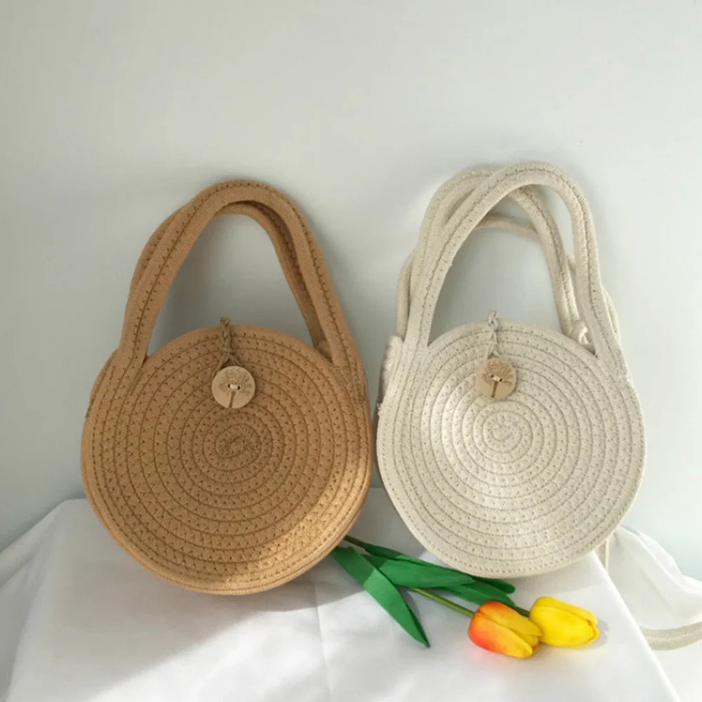 Women Round Shoulder Bag Cotton Strap Handbag Bohemian Straw Beach Bag Crossbody Bag