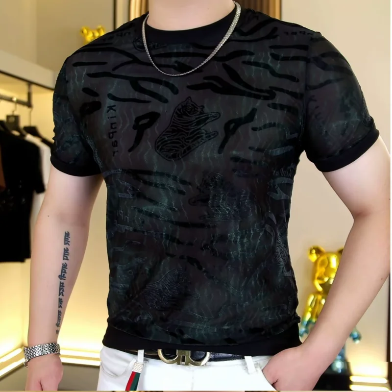 

2025 Summer Ice Silk Elastic Short Sleeved T-shirt for Men Slim Fit Round Necked Casual T-shirts Fashion Social Streetwear Tees