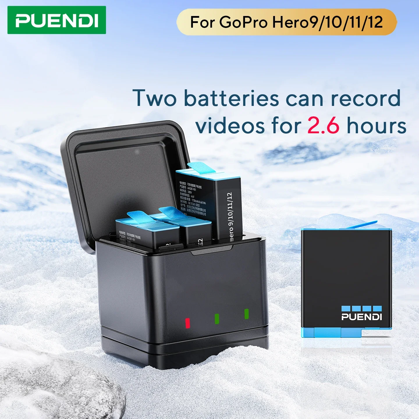 PUENDI Li-ion batteries and USB fast charger for GoPro Hero 9 10 11 12 camera GoPro12 battery