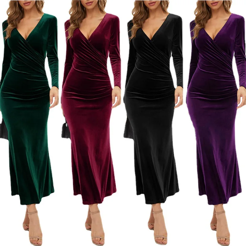 2024 European and American dress V-neck slim-fit elegant velvet long sleeve fishtail evening dress