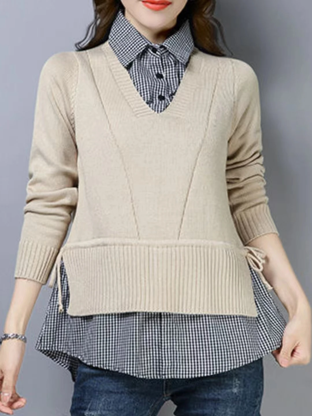 Spring And Atumn New Style V-collar Style Fake Two Sweater Women Loose Korean Version Of The Sweater Short-style Undershirt Top