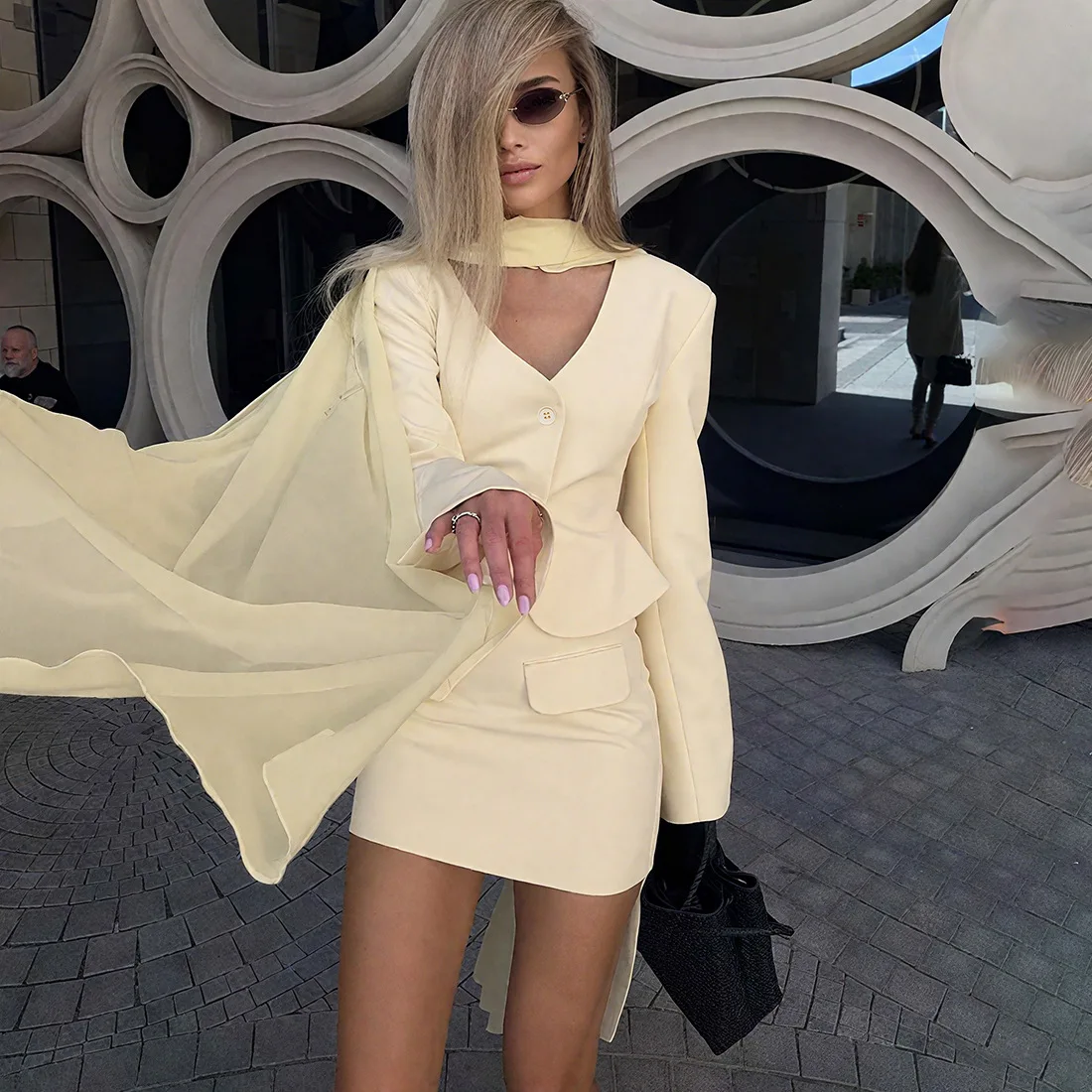 Autumn Women Suit Skirt Set 3 Piece Scarf+Blazer+Short Mini Prom Dress Sexy V Neck Jacket Formal Wedding Guest Birthday Coat