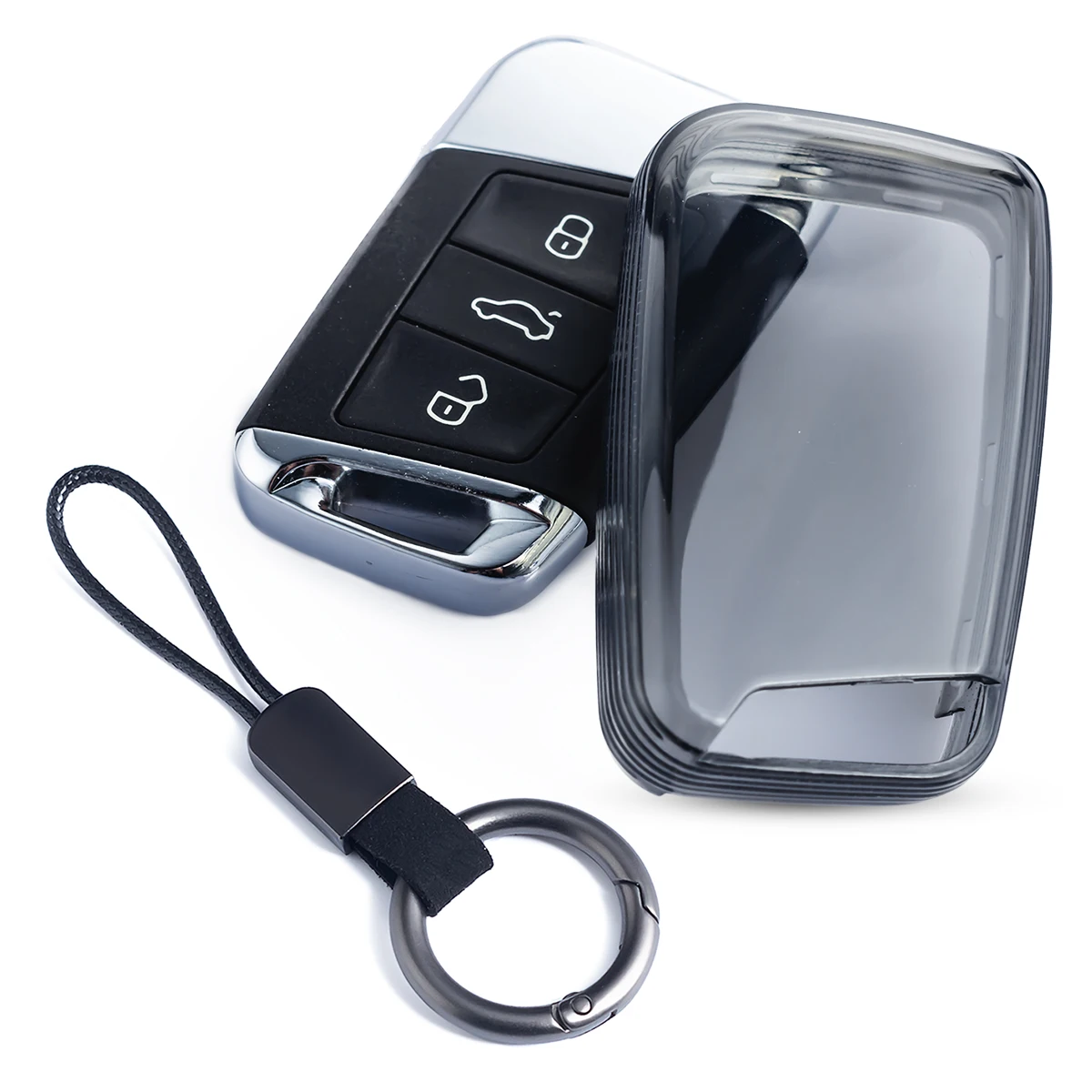 حافظة مفاتيح السيارة النحيفة سلسلة مفاتيح لسيارة Volkswagen VW Passat B8 Jetta Tiguan Taos Arteon Atlas Cross Sport أسود شفاف
