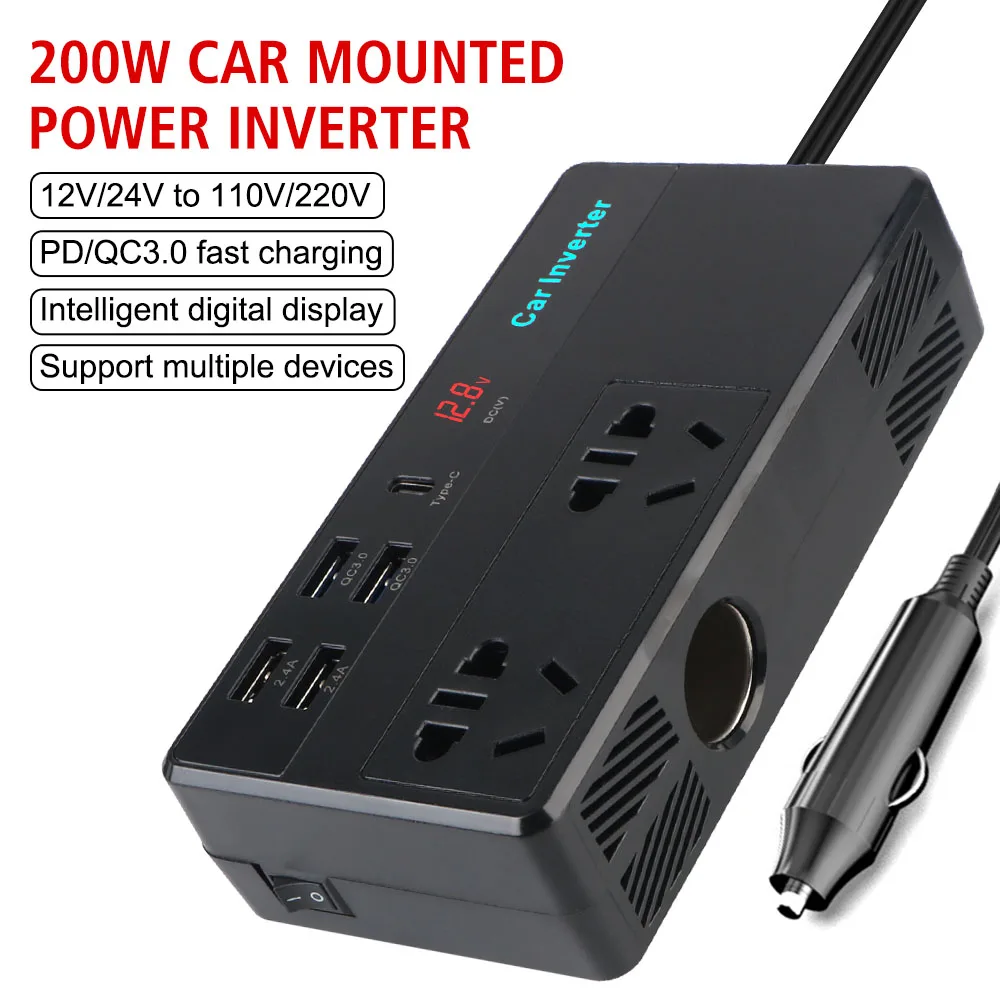 200W Transformer Convert Car Inverter For Vehicles Type-C USB QC3.0 Charger Fast Charging 110/220V Car Converter 12/24V