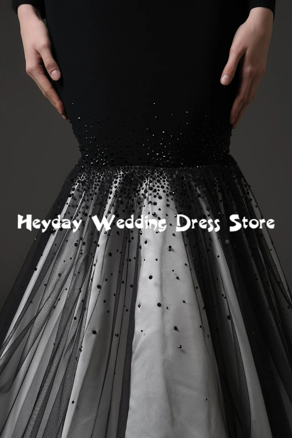 헤이데이 여성용 하이넥 머메이드 비즈 장식 심플 사우디 이브닝 드레스 긴 소매 바닥 길이 포멀 엘레강트 드레스 2025