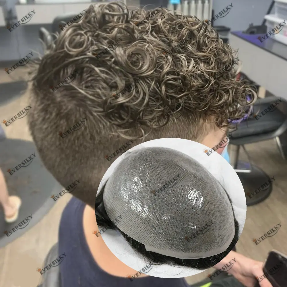 20mm Curly Full Skin PU Men Toupee Natural Platinum Blonde Human Hair 0.06mm V-looped Male Hair Capillary Prosthesis System