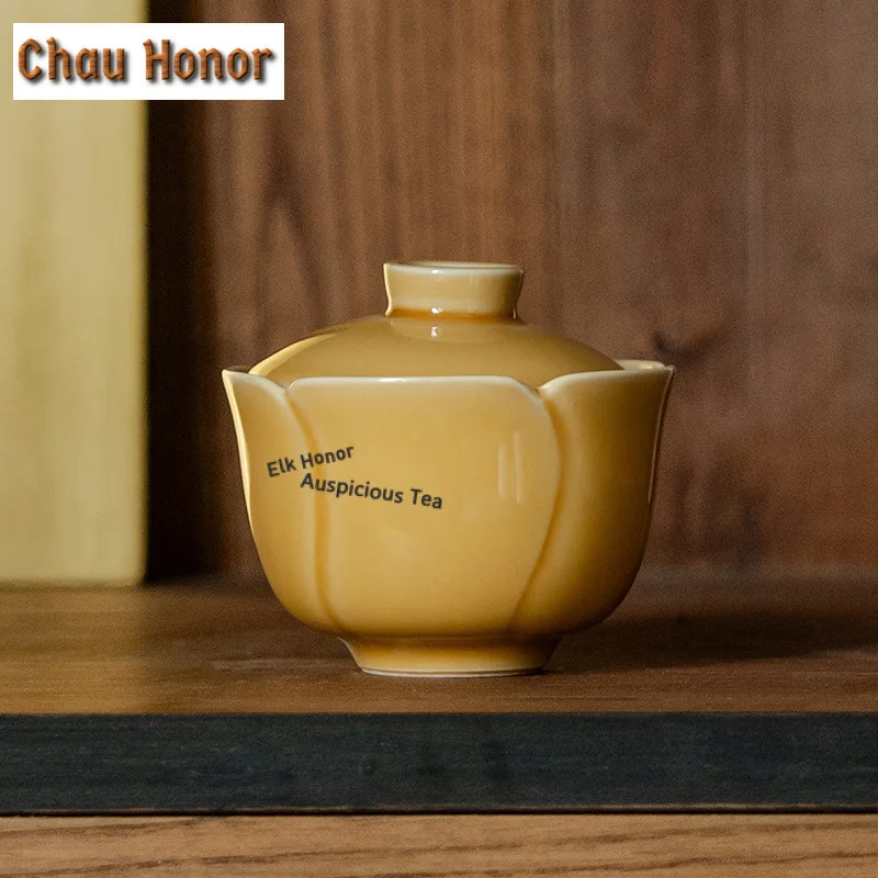 

100 мл Янтарно-желтый тюльпан Gaiwan, традиционная чайная варенька, чайная чаша с набором крышек, крышка для заваривания чая, миска для кафе, принадлежности, украшение