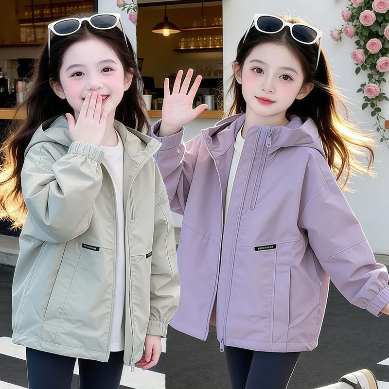 New Spring Autumn Girls Trench Coat Fashion Solid Color Zipper Hooded Windbreaker For Kids Children Overcoat Travel Jacket
