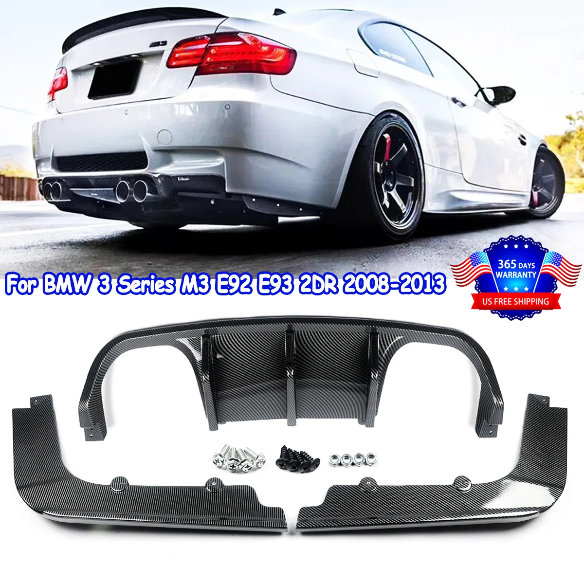 Fits 2008-13 BMW M3 E92 E93 Coupe Carbon Fiber Look V-STYLE Rear Bumper Diffuser 