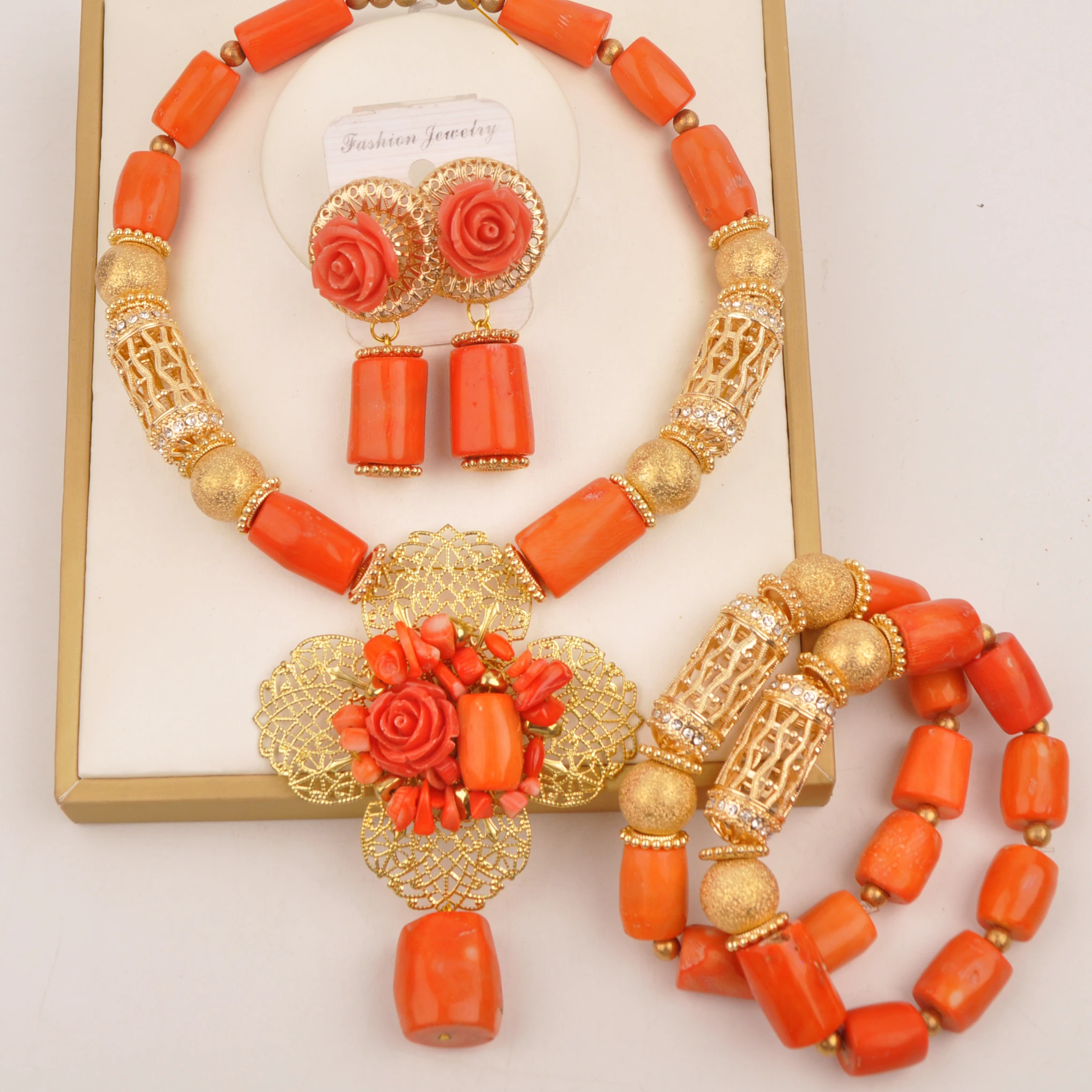 

Nigerian Bride Wedding Jewelry Original Orange Coral Beads Necklace Set for Women