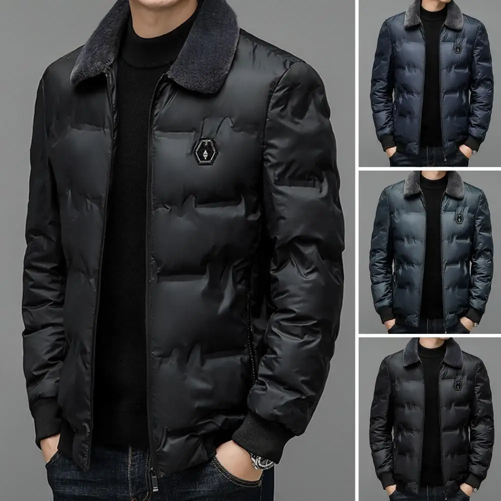 

Fall Winter Men Jacket Smooth Windproof Thickened Padded Cotton Coat Cold Resistant Faux Fur Lapel Down Coat